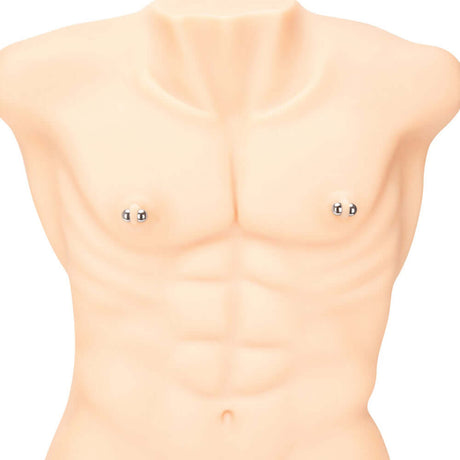 Prowler RED Magnetic Orbs 4-Pair Set displayed on a torso model with magnetic metal orbs for sensation play.