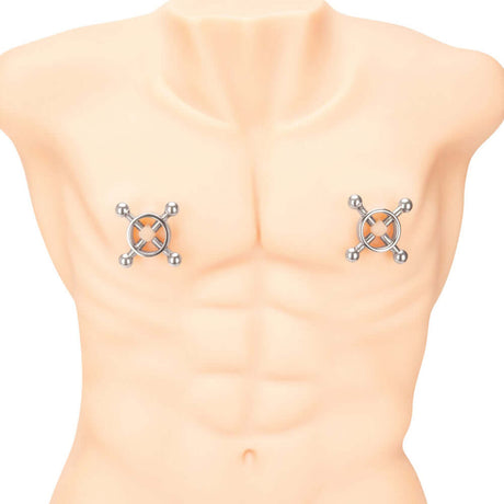 Prowler RED 4 Way Screw Nipple Clamp Set displayed on a torso mannequin, showcasing its adjustable clamps and design.