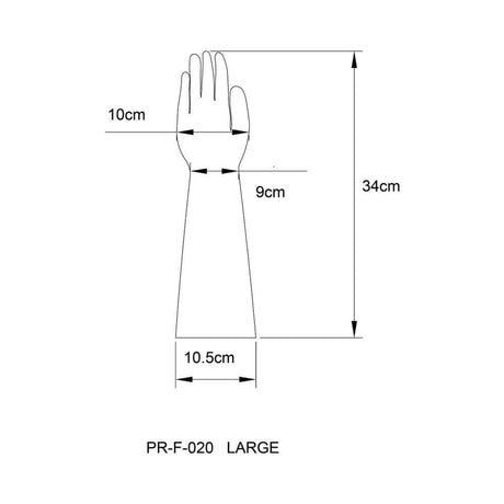 Prowler RED Latex Gloves Black L size chart with dimensions for optimal fit and comfort.