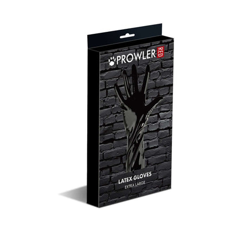 Prowler RED Latex Gloves Black XL packaging displayed on a dark brick background, highlighting stylish design and extra-large size.
