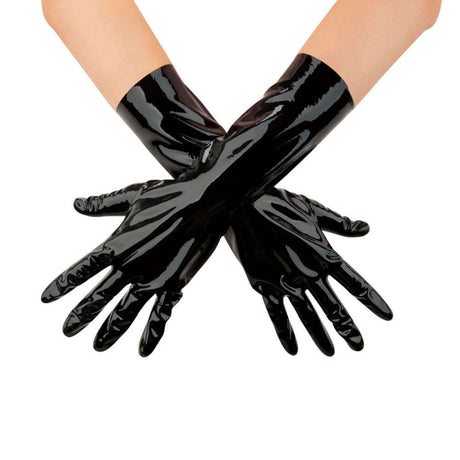 Prowler RED Latex Gloves Black XL crossing hands, showcasing glossy black latex material for a stylish look.