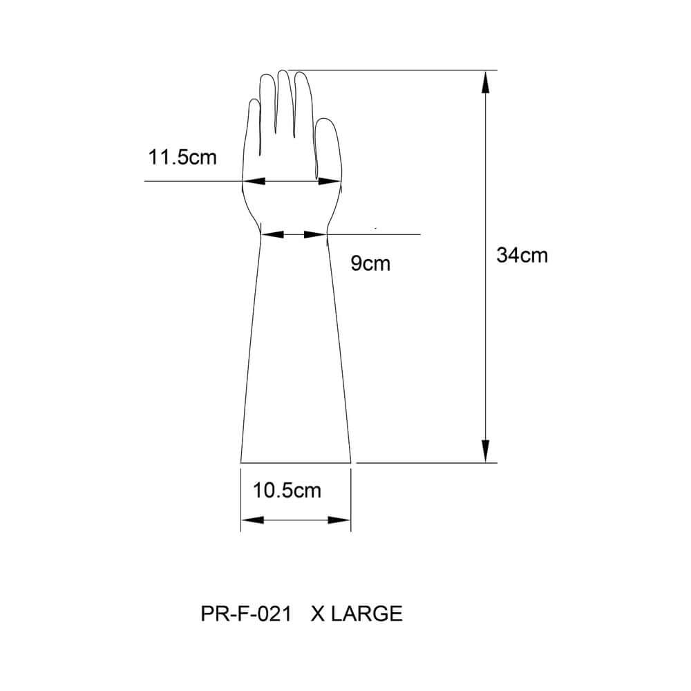 Size chart for Prowler RED Latex Gloves Black XL showing dimensions and fit details.