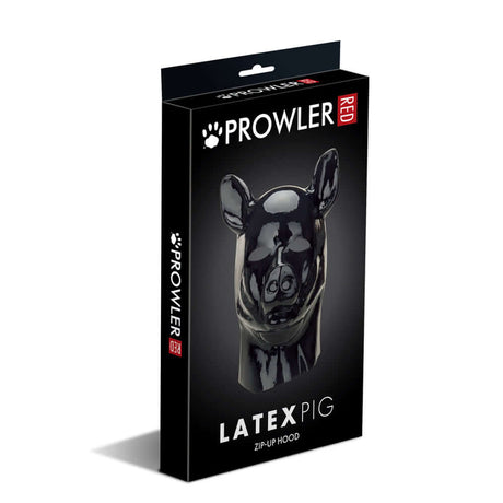 Prowler RED Latex Pig Hood Black packaging showcasing a glossy black pig-style design for fetish fashion.