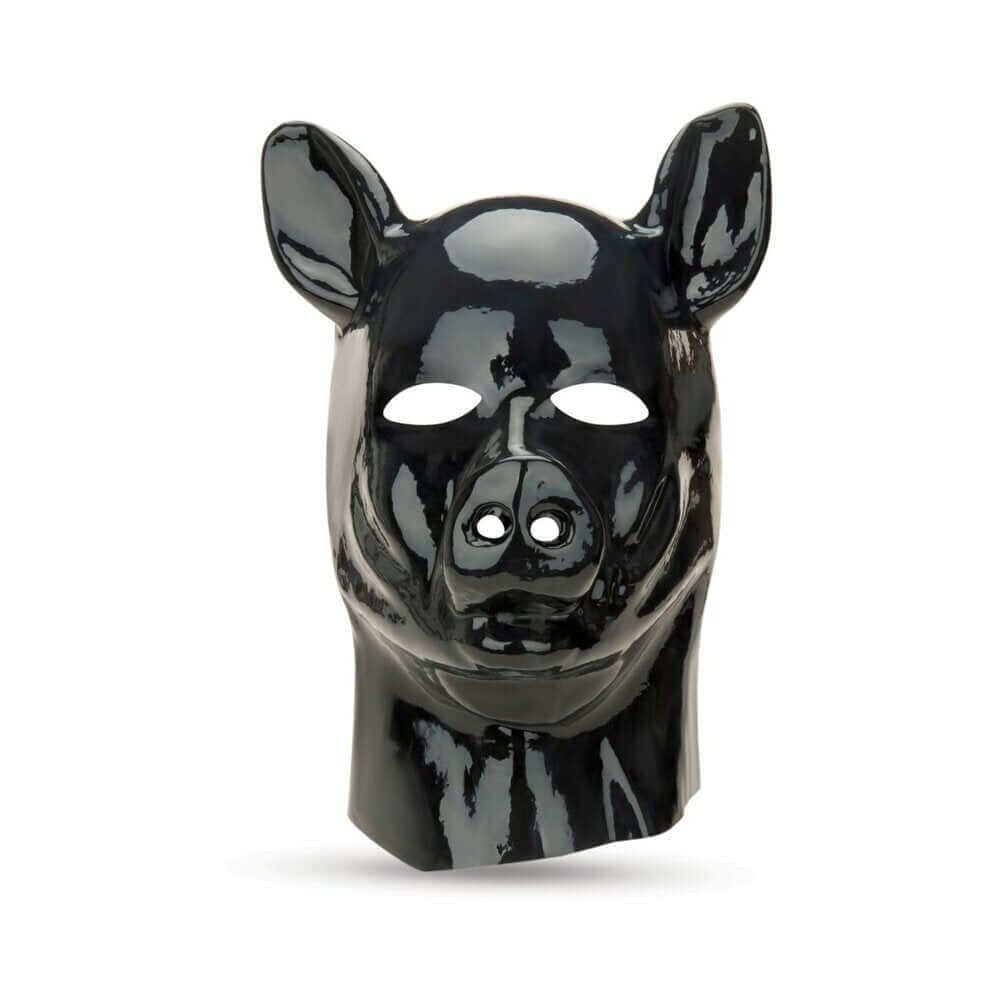 Prowler RED Latex Pig Hood Black, a glossy black latex pig mask for fetish fashion and roleplay enthusiasts.