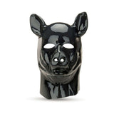 Prowler RED Latex Pig Hood Black, a glossy black latex pig mask for fetish fashion and roleplay enthusiasts.