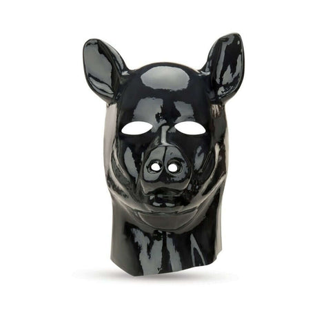 Prowler RED Latex Pig Hood Black, a glossy black latex pig mask for fetish fashion and roleplay enthusiasts.