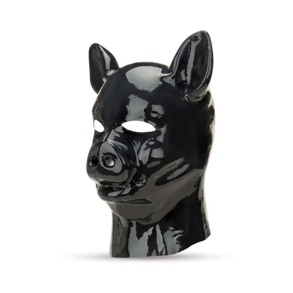 Prowler RED Latex Pig Hood Black, sleek latex pig-style hood with glossy black finish for fetish fashion and roleplay.
