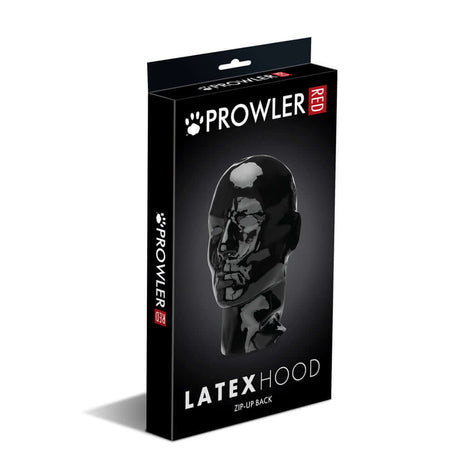 Prowler RED Latex Hood Black packaging featuring a sleek design with a zip-up back for fetish fashion enthusiasts.