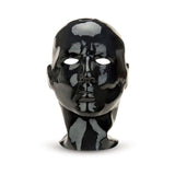 Prowler RED Latex Hood Black displayed on a mannequin head with a glossy black finish for a dramatic fetish fashion look.