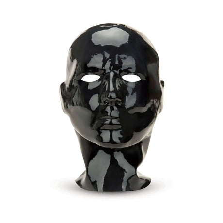 Prowler RED Latex Hood Black displayed on a mannequin head with a glossy black finish for a dramatic fetish fashion look.