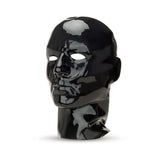 Prowler RED Latex Hood Black showcased on a mannequin head, featuring a glossy black finish and dramatic design.