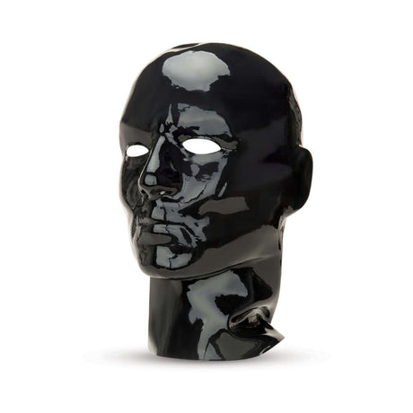 Prowler RED Latex Hood Black showcased on a mannequin head, featuring a glossy black finish and dramatic design.