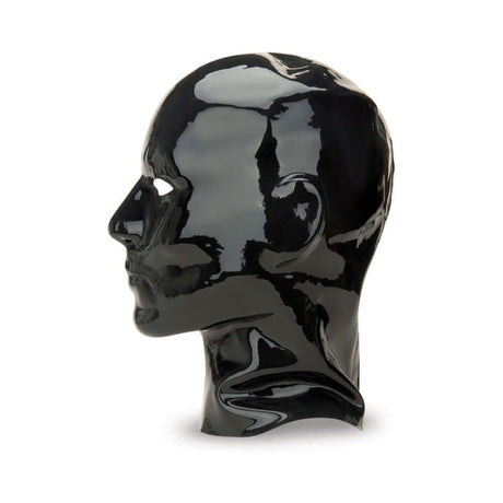 Prowler RED Latex Hood Black displayed on a sleek black mannequin head, showcasing its glossy finish and bold design.