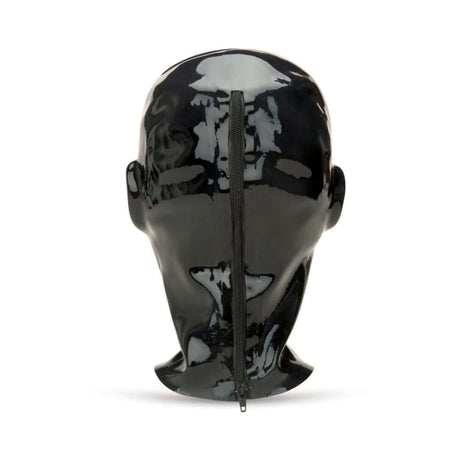 Prowler RED Latex Hood Black displayed on a mannequin head showcasing the glossy black finish and zip closure.