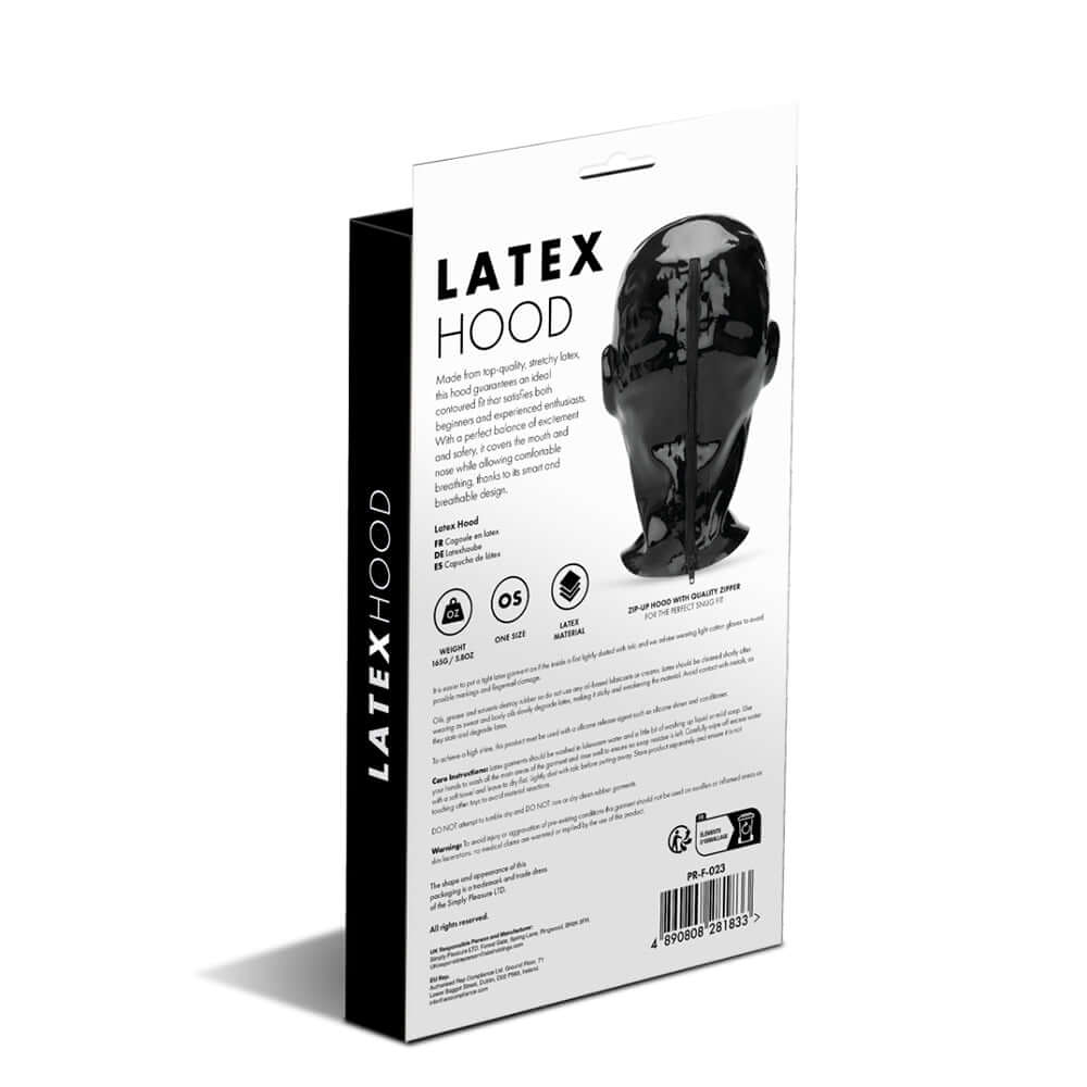 Prowler RED Latex Hood Black packaging showcasing a glossy black latex hood designed for fetish fashion enthusiasts.