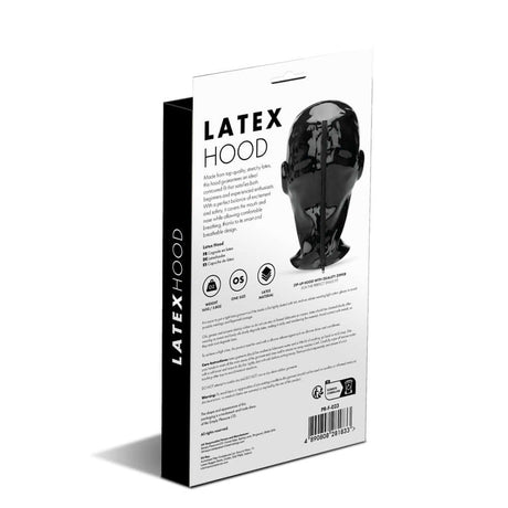 Prowler RED Latex Hood Black packaging showcasing a glossy black latex hood designed for fetish fashion enthusiasts.