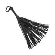 Prowler Red Leather Suede Flogger Black with black tasseled strands and suede-wrapped handle for fetish play.