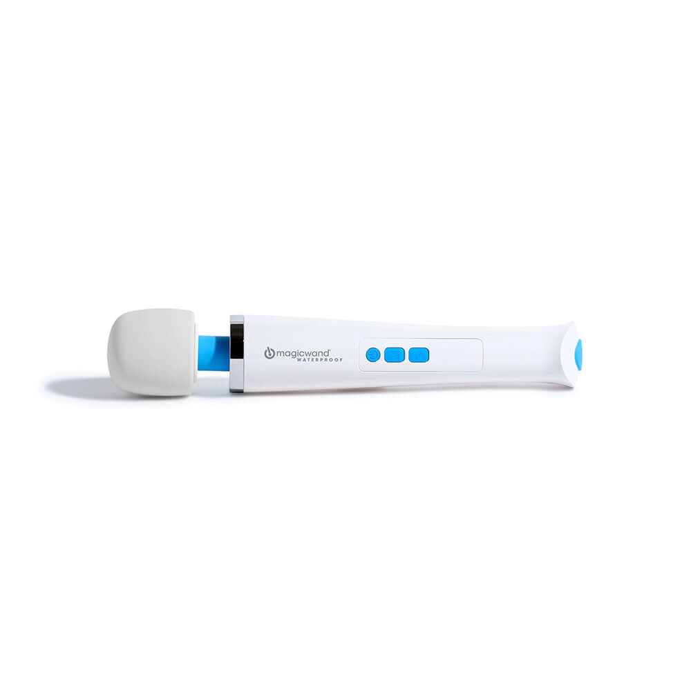 Magic Wand HV-360 Waterproof Rechargeable Massager in white with blue buttons, designed for powerful vibrations.