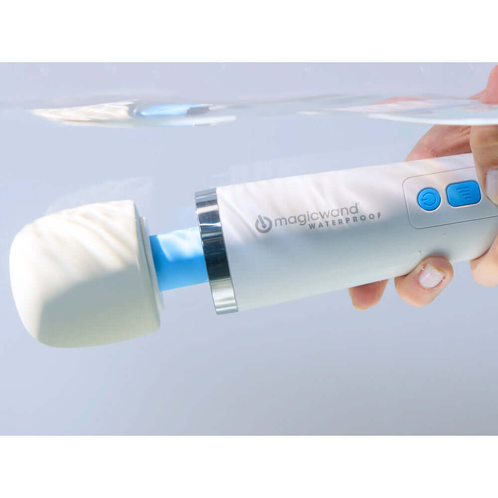 Magic Wand HV-360 Waterproof Rechargeable Massager submerged in water, showcasing its waterproof design and powerful features.