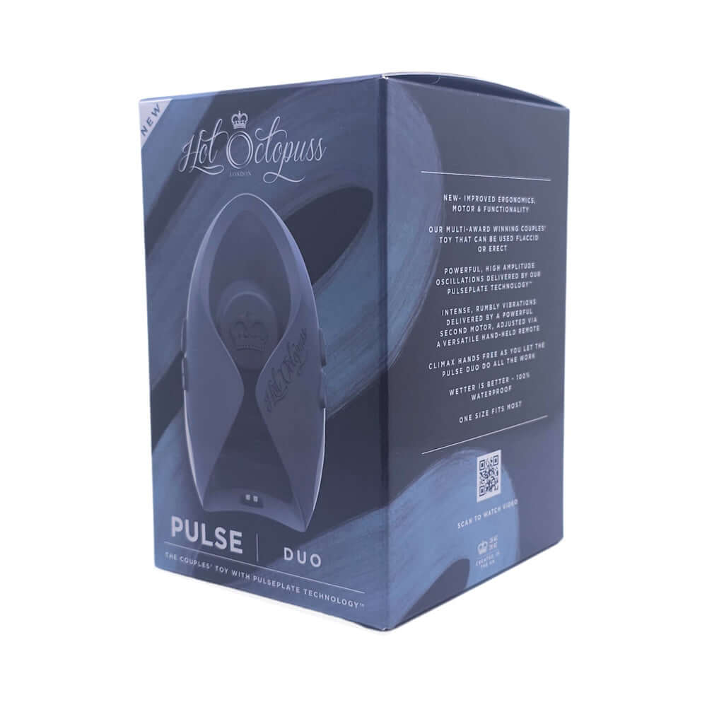 Hot Octopuss Pulse Duo Remote Control Vibrating Stroker Blue package design showcasing modern features and PulsePlate Technology.