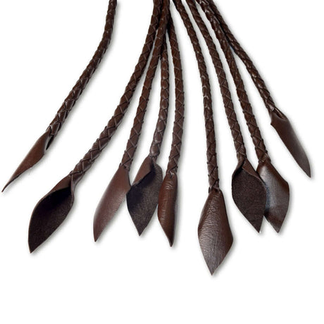 Prowler RED Leather Flogger Brown with multiple braided strands and tapered tips for BDSM play.