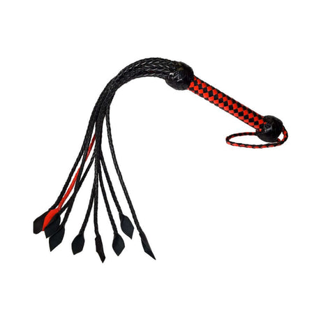 Prowler RED Short Handle Flogger Black Red with a braided handle and flexible tails for impact play.
