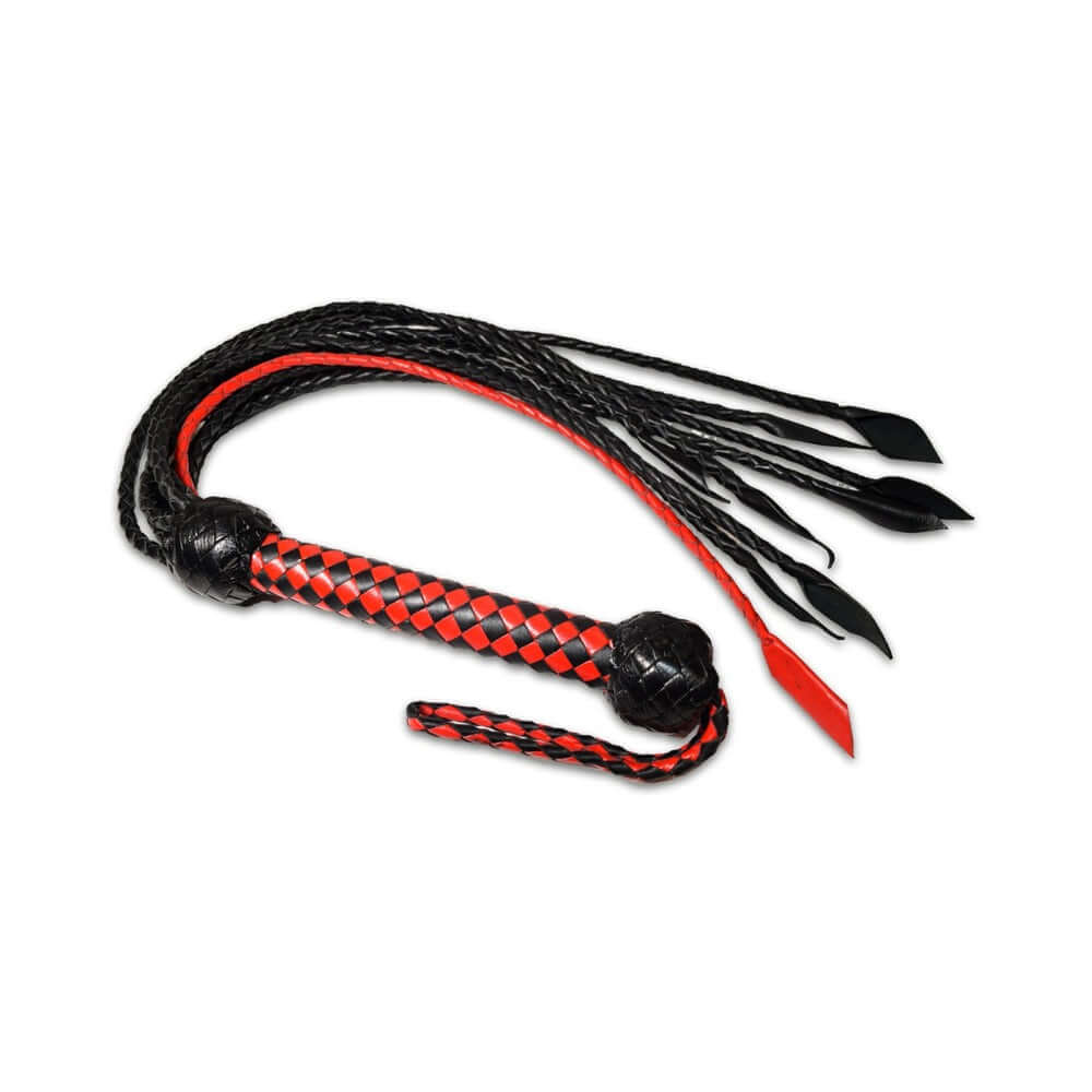 Prowler RED Short Handle Flogger Black Red with a stylish braided handle and flexible tails for impact play.