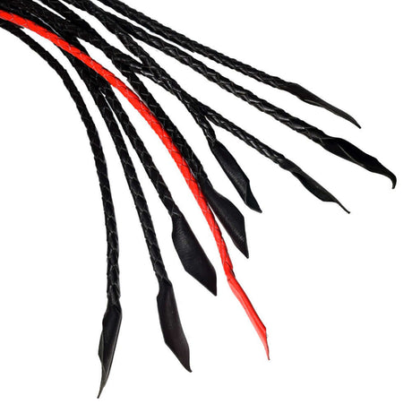 Prowler RED Short Handle Flogger Black Red featuring black and red flexible tails for impact play.