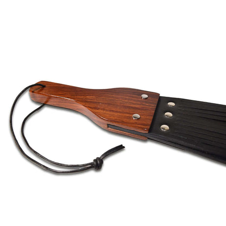 Prowler RED Leather & Wood Fringe Paddle showing wooden handle and leather fringe design.