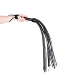 Prowler RED Hard Whip Black 34 inches in hand, showcasing sleek black design and multiple fringes for controlled sensation play.