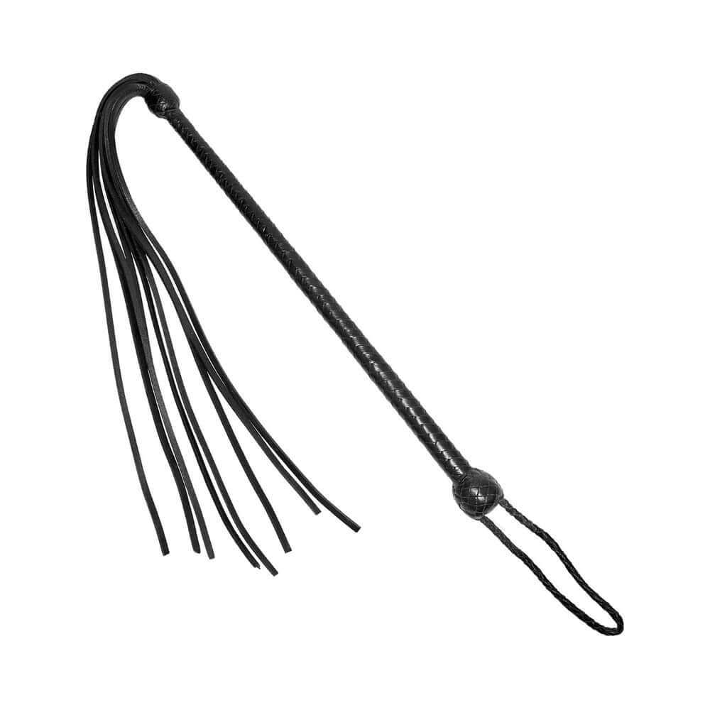 Prowler RED Long Handled Whip Black, a sleek black accessory designed for impact play with a long handle and flexible tail.