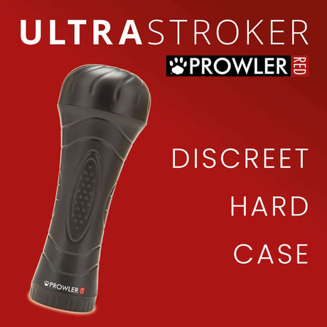 Prowler RED Manhole Ultra Stroker with discreet hard case on red background.