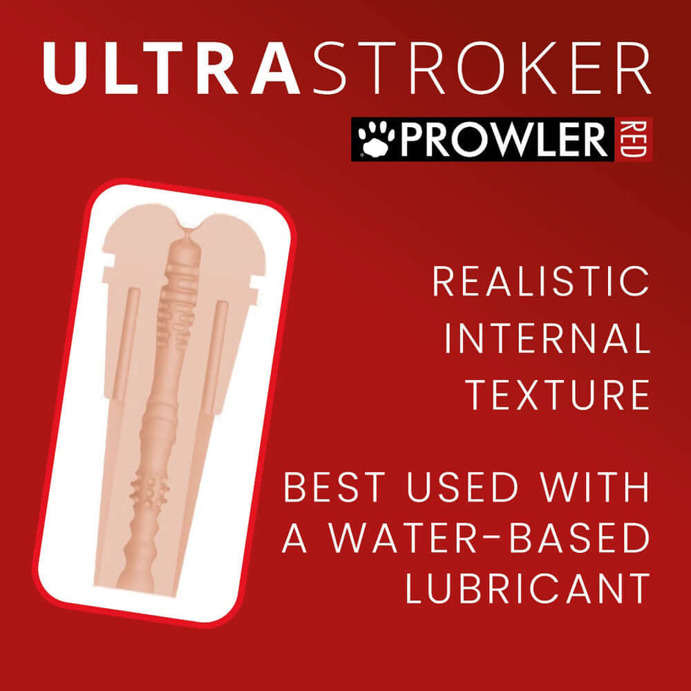 Prowler RED Manhole Ultra Stroker showing realistic internal texture on a red background.