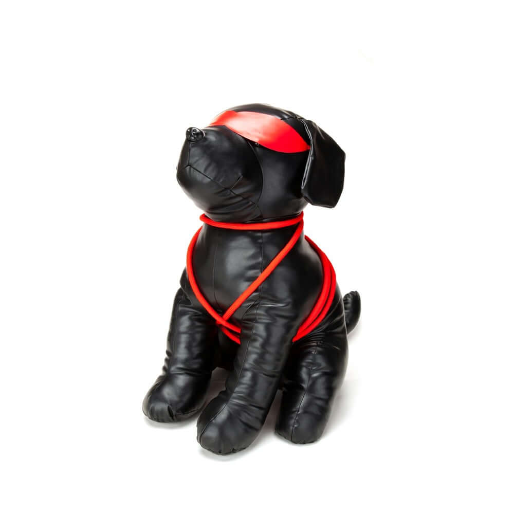 Prowler RED Roped Up Rover L, black faux leather dog figure with red harness, perfect for fetish play.