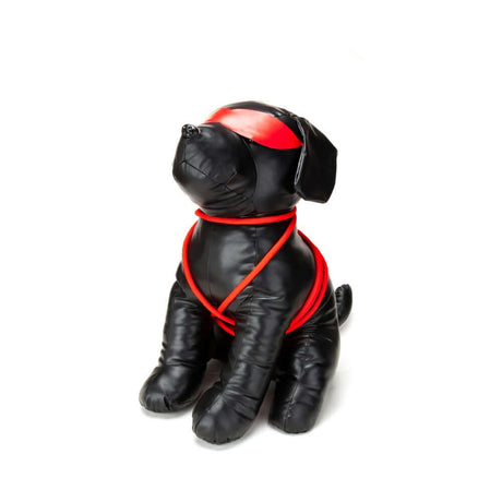Prowler RED Roped Up Rover L, black faux leather dog figure with red harness, perfect for fetish play.