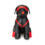Prowler RED Booted Up Bandit L oversized novelty padded puppy with black and red harness, 26.5 inches tall.