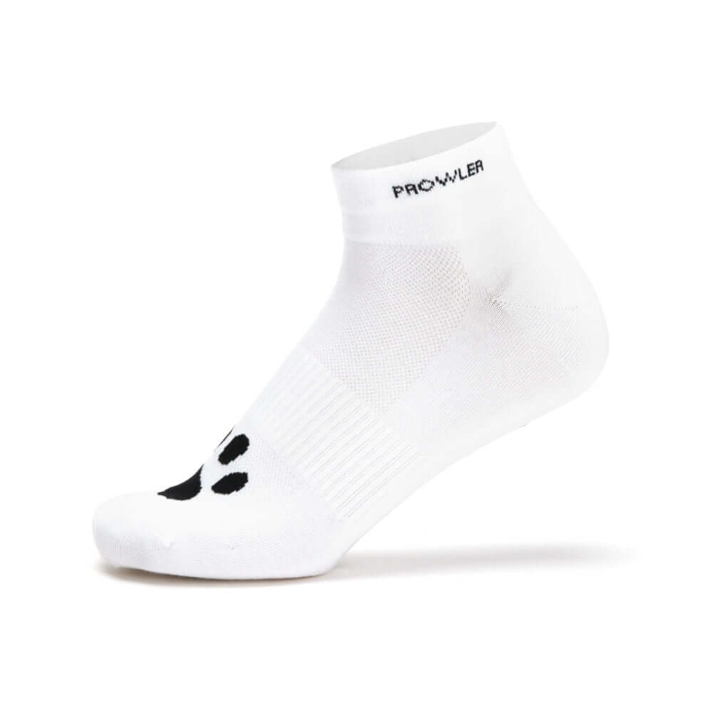 Prowler RED Ankle Sock Cum Dump, white ankle sock with black paw print design, showcasing soft and breathable material.