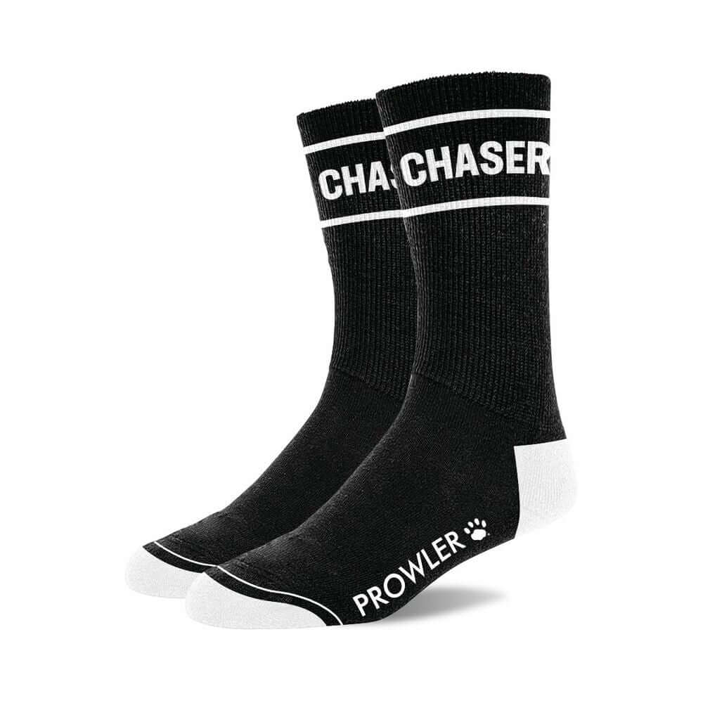 Prowler RED Chaser Socks in black with white lettering, designed for style and comfort.