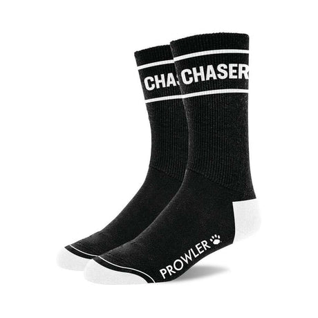 Prowler RED Chaser Socks in black with white lettering, designed for style and comfort.