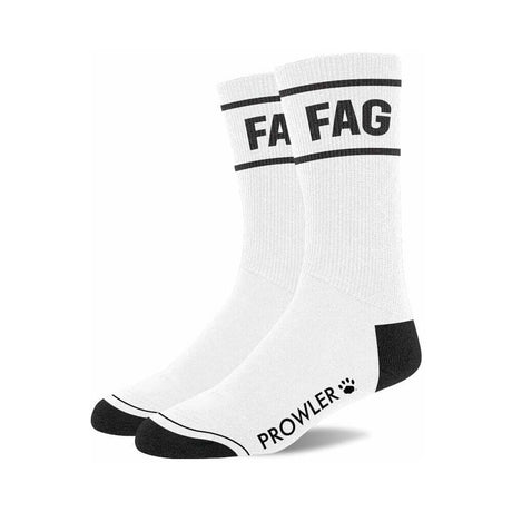 Prowler RED Fag Socks featuring bold black lettering and comfortable design, perfect for self-expression and pride.