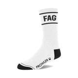Prowler RED Fag Socks featuring bold black lettering on a white background, embodying pride and self-expression.