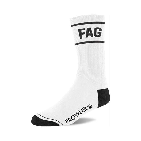 Prowler RED Fag Socks featuring bold black lettering on a white background, embodying pride and self-expression.