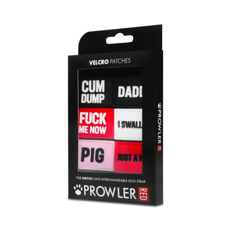 Prowler RED Switch Jock Badges Pack 1 featuring Velcro patches with bold text for jockstraps.