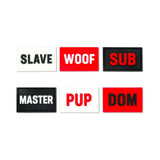 Prowler RED Switch Jock Badges Pack 2 customizable badges with words Slave, Woof, Sub, Master, Pup, and Dom.