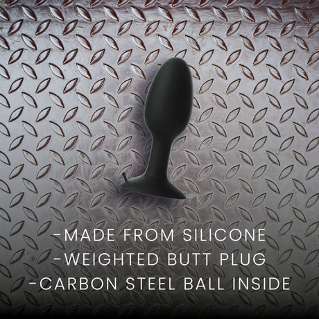 Prowler RED Weighted Butt Plug Black Small on a textured metallic background, highlighting its silicone material and weighted design.