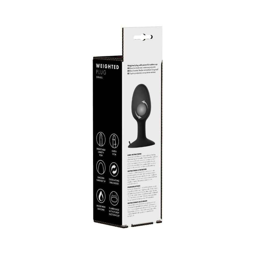 Prowler RED Weighted Butt Plug Black Small packaging showing features and design.
