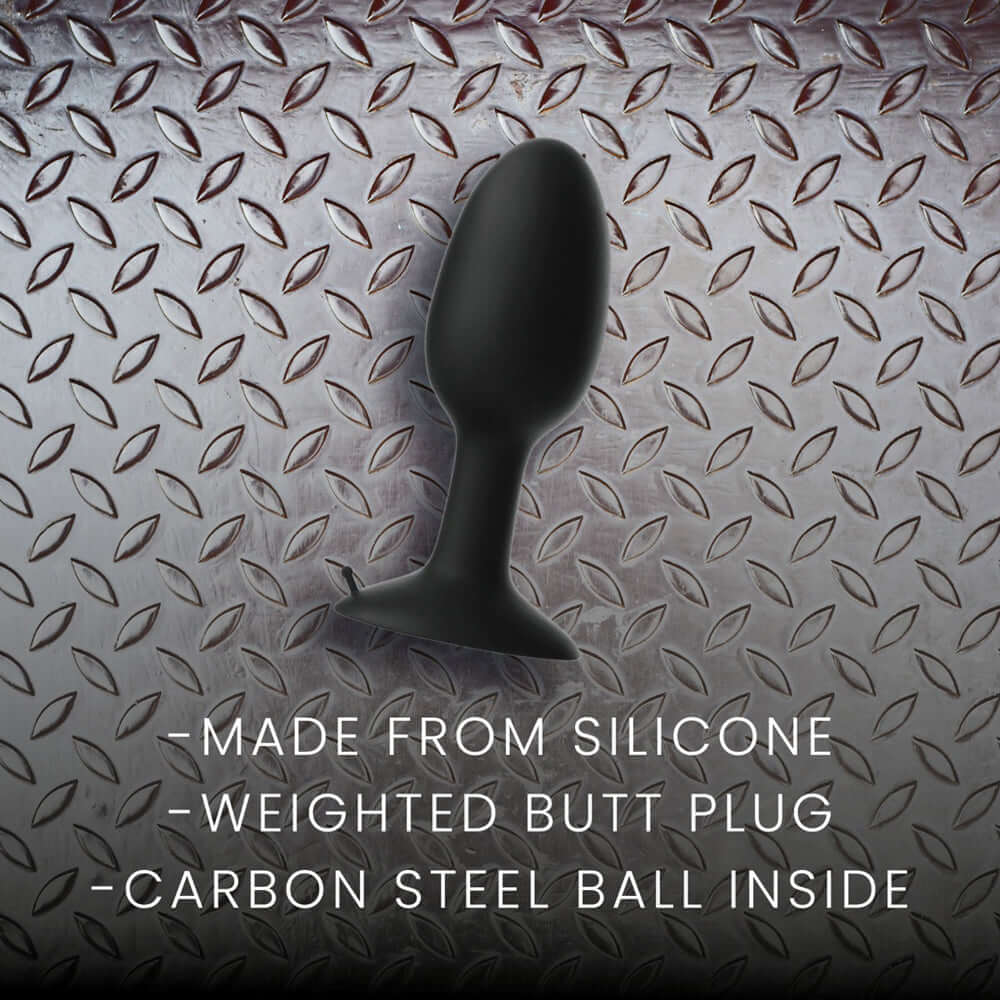 Prowler RED Weighted Butt Plug Black Medium on metallic background with information about material and features.