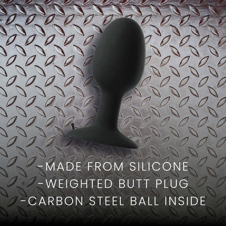 Prowler RED Weighted Butt Plug Black Large on textured metal background, featuring silicone material and carbon steel ball inside.