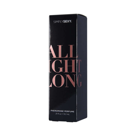 Simply Sexy Pheromone Perfume Spray All Night Long 0.31 Oz packaging with elegant design.