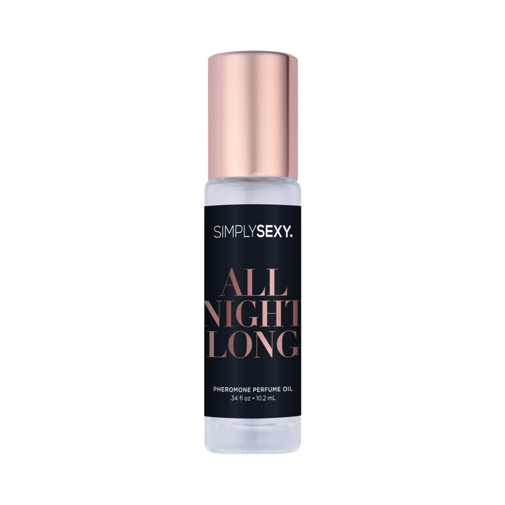 Simply Sexy Pheromone Perfume Oil Roll-On All Night Long 0.34 Oz in a sleek bottle with rose gold cap.